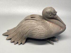 青備前 鶴香炉 真殿左鶴